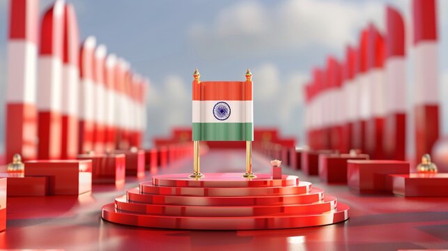 3d rendering of the indian flag on a red platform with red and white walls in the backdrop