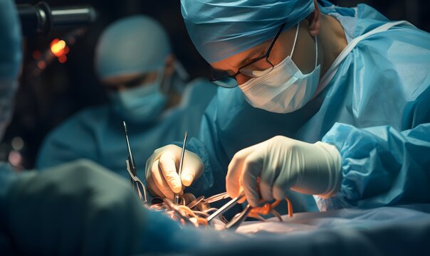 Close-up medical photo of surgeons performing a surgical operation.