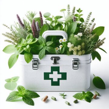 Fresh medicinal herbs in first aid kit isolated on a white background 