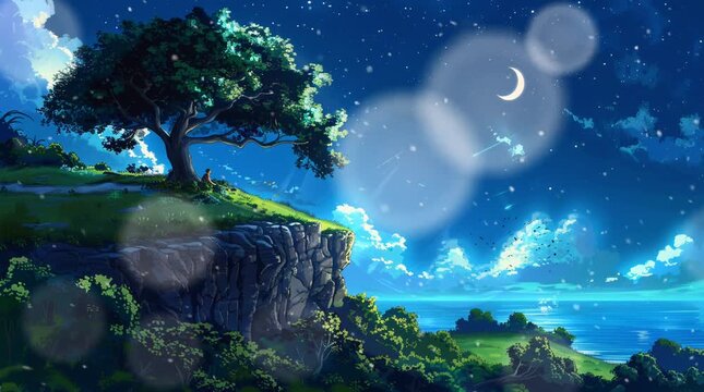 landscape with moon and stars, person sit on the cliff, animation of video background 4k for footage