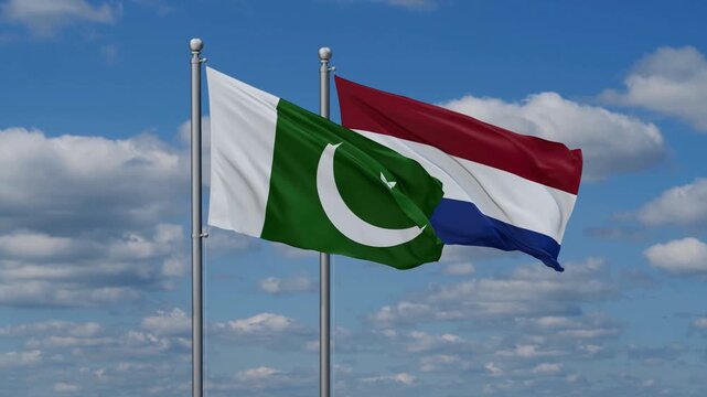 Netherlands and Pakistan flags flying together, video concept of the relationship, two country relations concept