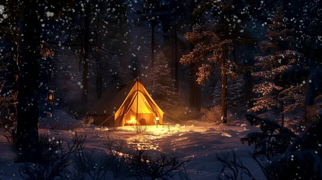 A camping tent  in a dark night snow forest with campfire. seamless looping time-lapse virtual 4k video animation background