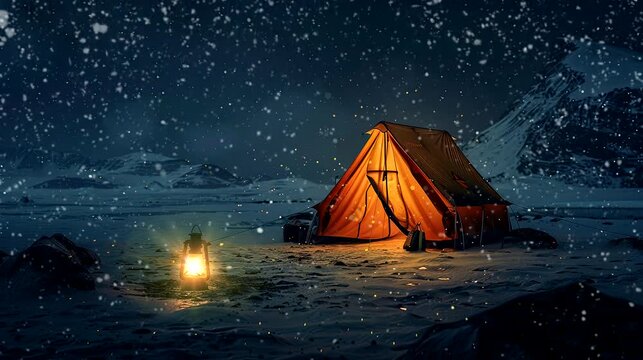 A camping tent  in a dark night snow beach with campfire. seamless looping time-lapse virtual 4k video animation background