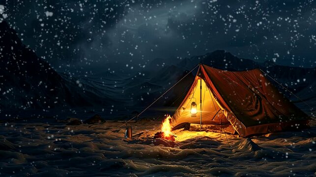 A camping tent  in a dark night snow beach with campfire. seamless looping time-lapse virtual 4k video animation background