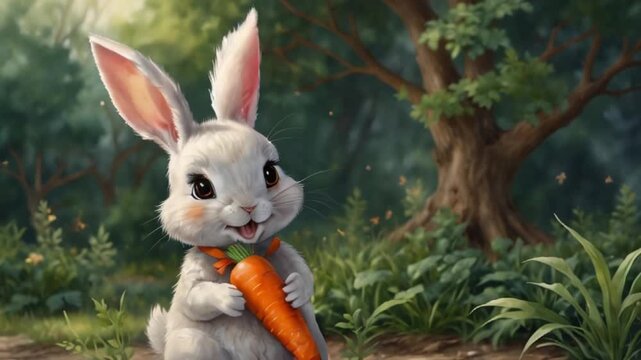 A charming rabbit holds a fresh carrot in a vibrant forest, surrounded by colorful wildlife