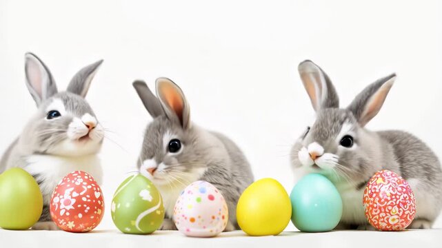 Easter bunnies with colorful eggs