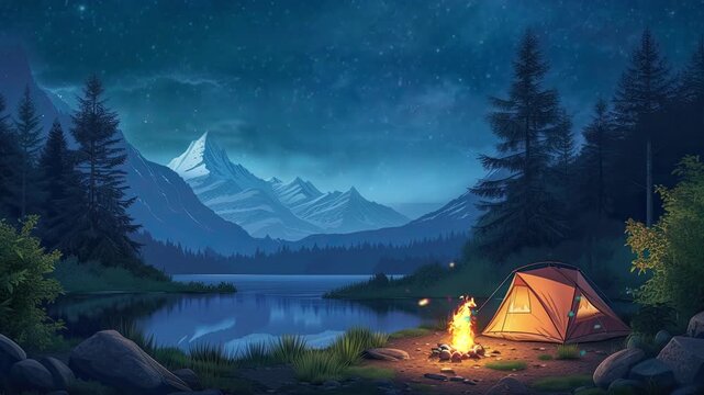 camping in the forest with beautiful views of the lake and mountains at night.