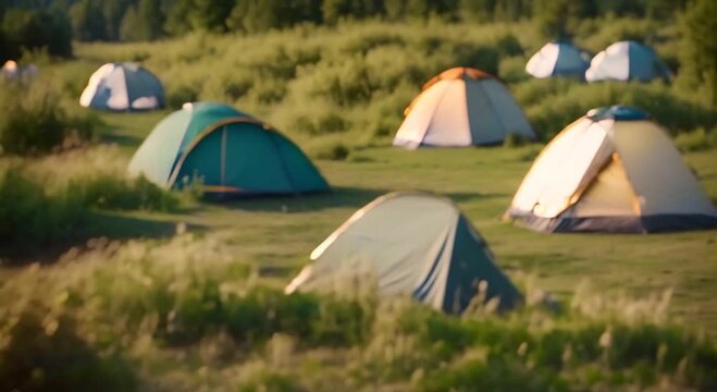 Beautiful natural landscape with camping tents serene outdoor ambiance Seamless looping time lapse video animation background 4k animation