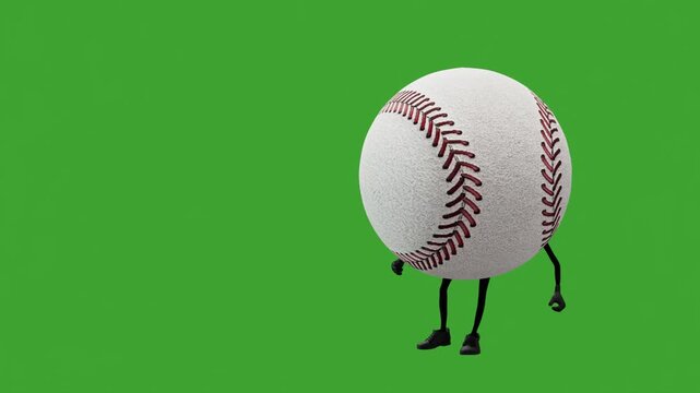 3D animation of a baseball character dancing on a solid white background. Ideal for sports promotions, advertising, and fun digital content