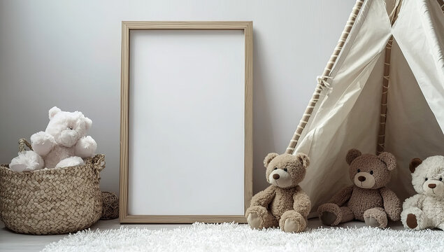 Photo of A simple frame mockup in an nursery room, next to teddy...