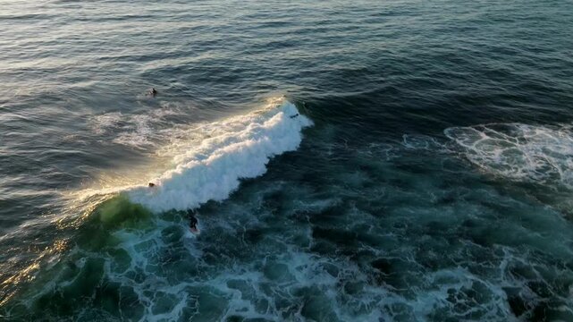 Surfers riding waves in the Pacific Ocean during a golden sunset in San Diego California