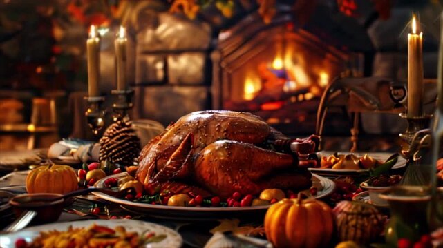 Roast turkey for Thanksgiving day traditional family dinner on wooden table with fireplace flames at the background