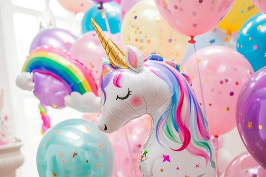 A photo capturing a bunch of balloons adorned with unicorn motifs, creating a vibrant and playful display, Unicorn and rainbow designs on birthday balloons, AI Generated