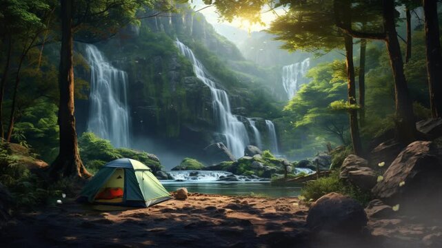 camping in the forest with beautiful waterfall views