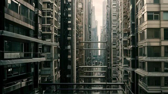 Video footage of dense urban environment with high rise residential buildings closely packed together, creating a narrow alley