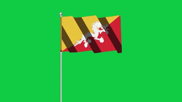 4K BHUTAN  flag old animation with pole waving on chroma key green screen