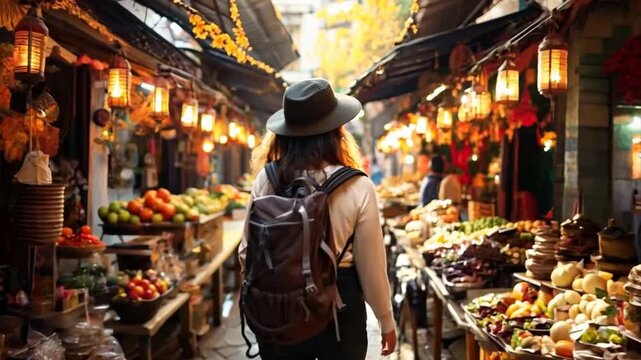 China food market street in Beijing. Chinese tourists walking in city streets on Asia vacation tourism. Asian women travel lifestyle panoramic banner. 