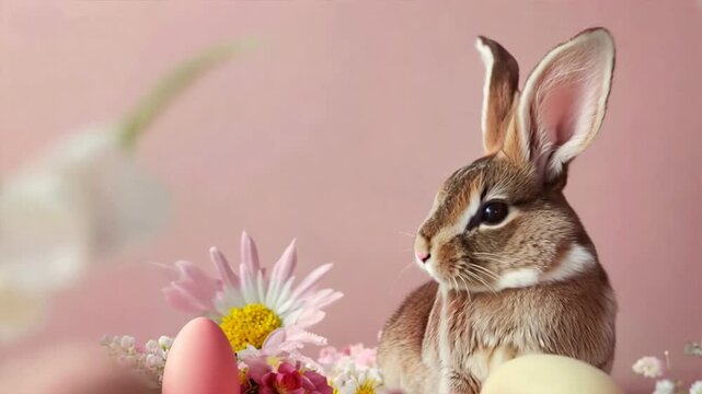 Easter Bunny with chocolate easter eggs on pastel wall background.