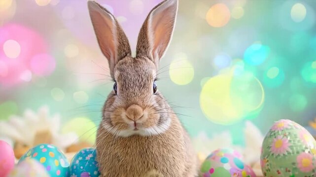 Easter Bunny with chocolate easter eggs on pastel wall background.