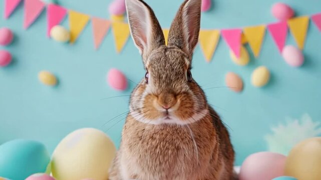 Easter Bunny with chocolate easter eggs on pastel wall background.