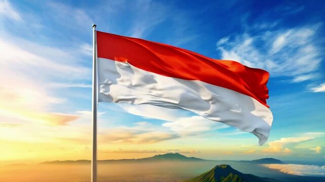 Indonesian flag fluttering in the wind, red and white flag on the blue sky