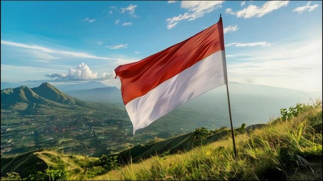 Indonesian flag fluttering in the wind on the hill