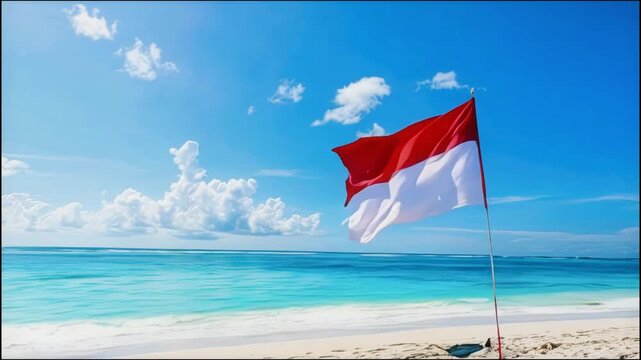 Indonesian flag fluttering in the wind on the beach