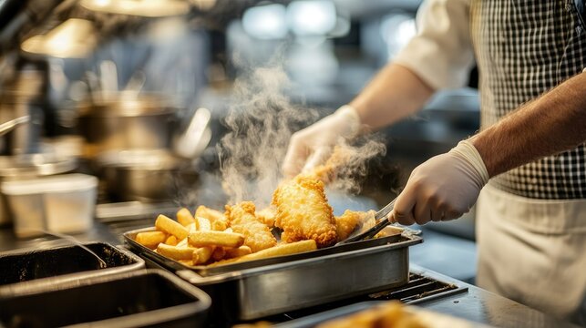 A chef preparing fish and chips in a modern kitchen, showcasing the process of battering, frying, and plating the dish.