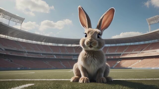 A fluffy rabbit perches calmly on a soccer field inside a large, empty stadium during a sunny day