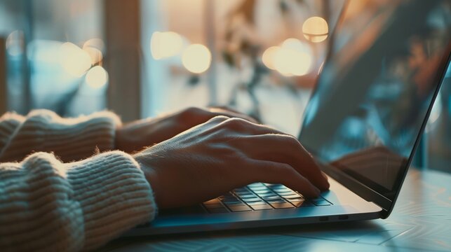 Close up of hands typing on a laptop