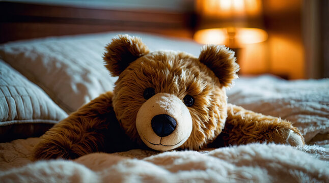 Teddy bear on a bed photo