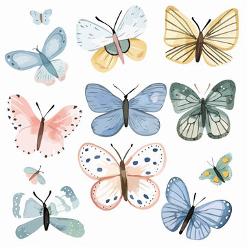 Watercolor clipart Cute cartoon butterflies set hand drawn illustration, colorful butterfly painting illustration in watercolor style set collection, vector