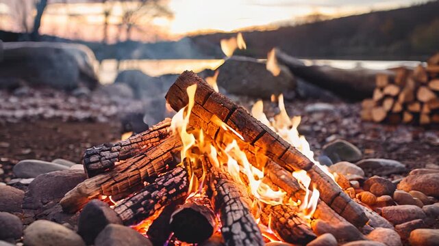 Burning bonfire, beautiful winter landscape, camping outdoor concept in neutral muted colors, tourist camp