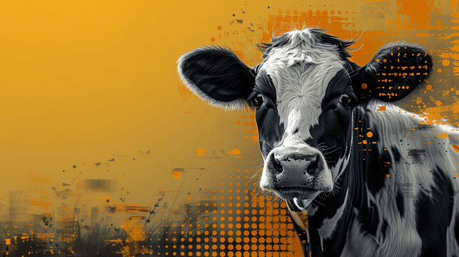 This is a picture of a young cow with a yellow background.