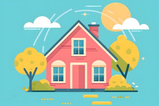 Cute Cartoon Pink House with Yellow Trees