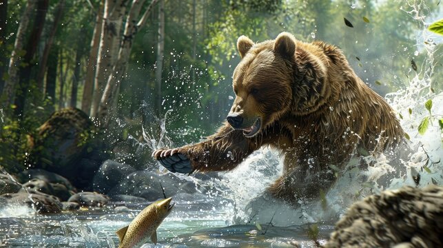 Color photo of a bear catching a salmon in a river, dynamic action with splashing water, forested backdrop, bright natural light