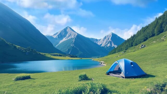 camping in the mountains there is a small lake under the blue sky. seamless and looping 4k animation background	
