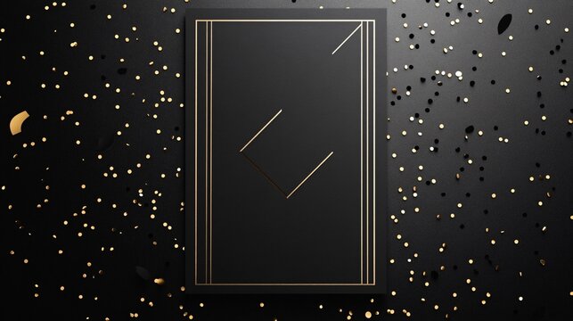 Minimalist wedding invitation mockup on sleek black cardstock, with white typography and a geometric gold border, surrounded by black and gold confetti