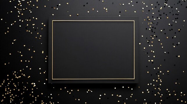 Minimalist wedding invitation mockup on sleek black cardstock, with white typography and a geometric gold border, surrounded by black and gold confetti