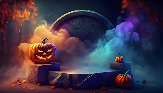 Stone podium and minimal abstract background for Halloween,Stage for product display with smoke