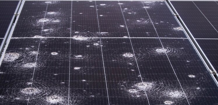 Close-up of severe hail damage on solar panels, showcasing multiple cracks and impact points on photovoltaic cells, highlighting the vulnerability of renewable energy systems to extreme weather.