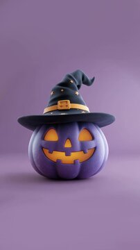 Vertical 4K animated video. Cute lilac pumpkin wearing black witch hat on purple background. Halloween. Loop 3D animation. Yellow bright light from eyes. Scary face. Copy space. Fear, horror, magic. 