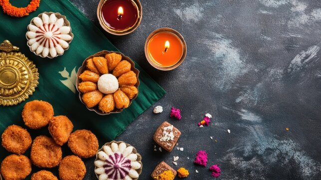 Top view of an Indian flag laid out with traditional sweets like laddoos and diyas, with ample copy space for festive messages