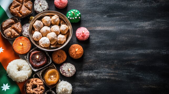 Top view of an Indian flag laid out with traditional sweets like laddoos and diyas, with ample copy space for festive messages