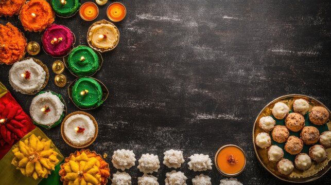 Top view of an Indian flag laid out with traditional sweets like laddoos and diyas, with ample copy space for festive messages