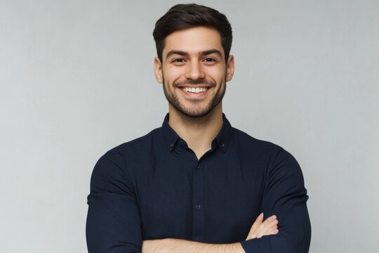 Smiling man with folded arms in a dark blue shirt, posing confidently against a grey background, ideal for advertising and web design. High-resolution portrait with a professional andapproachable look