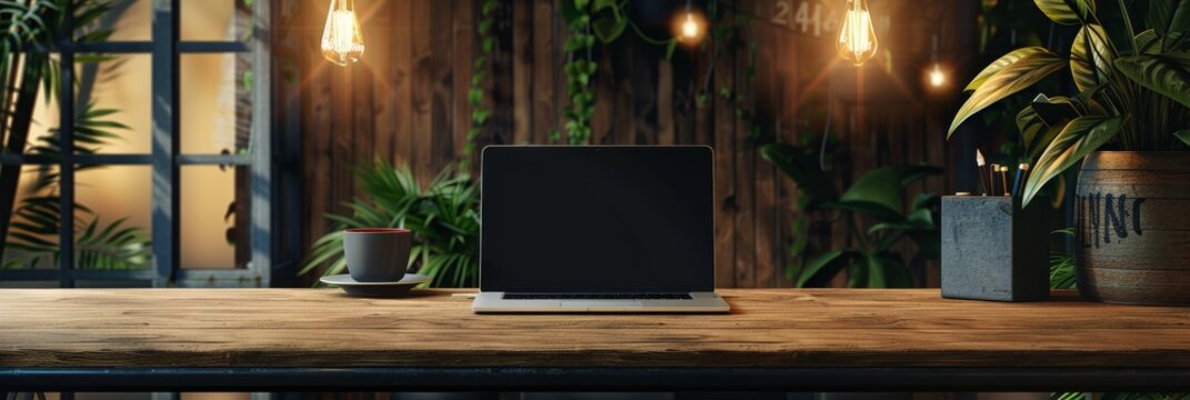 A laptop rests on a rustic wooden desk surrounded by lush tropical plants and warm string lights, creating a cozy and inviting workspace. The image evokes feelings of creativity, relaxation, and natur