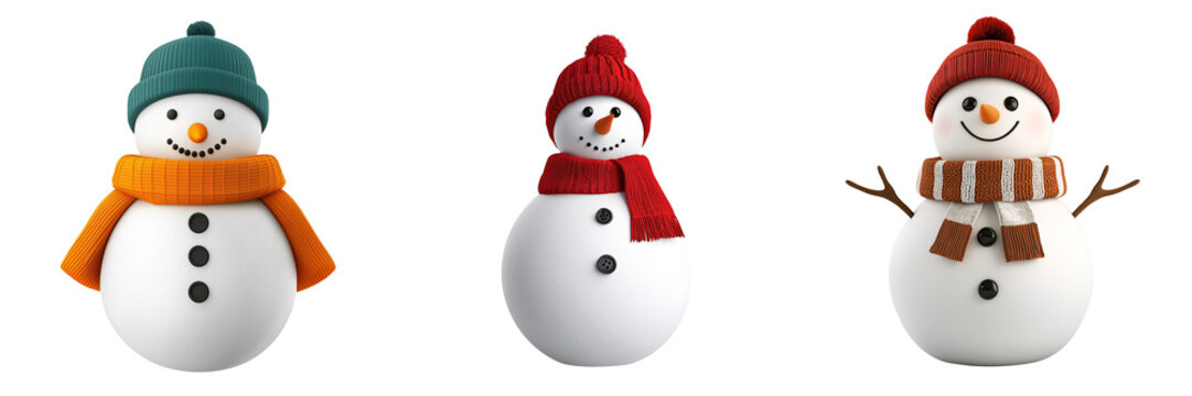 A snowman winter figure 3D illustration with scarf and hat isolated on white and transparent background