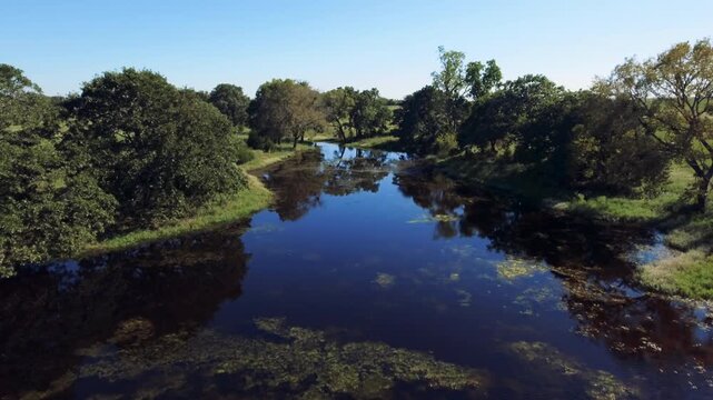 Drone footage of a pond and trees in a rural Oklahoma pasture