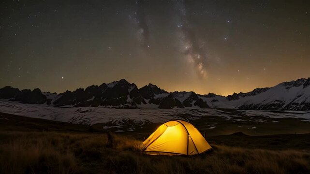 Nestled in the mountains, a yellow tent shines vividly against a backdrop of twinkling stars. The soft glow from the camping site highlights the hilly terrain, while the dark shapes of the mountains p